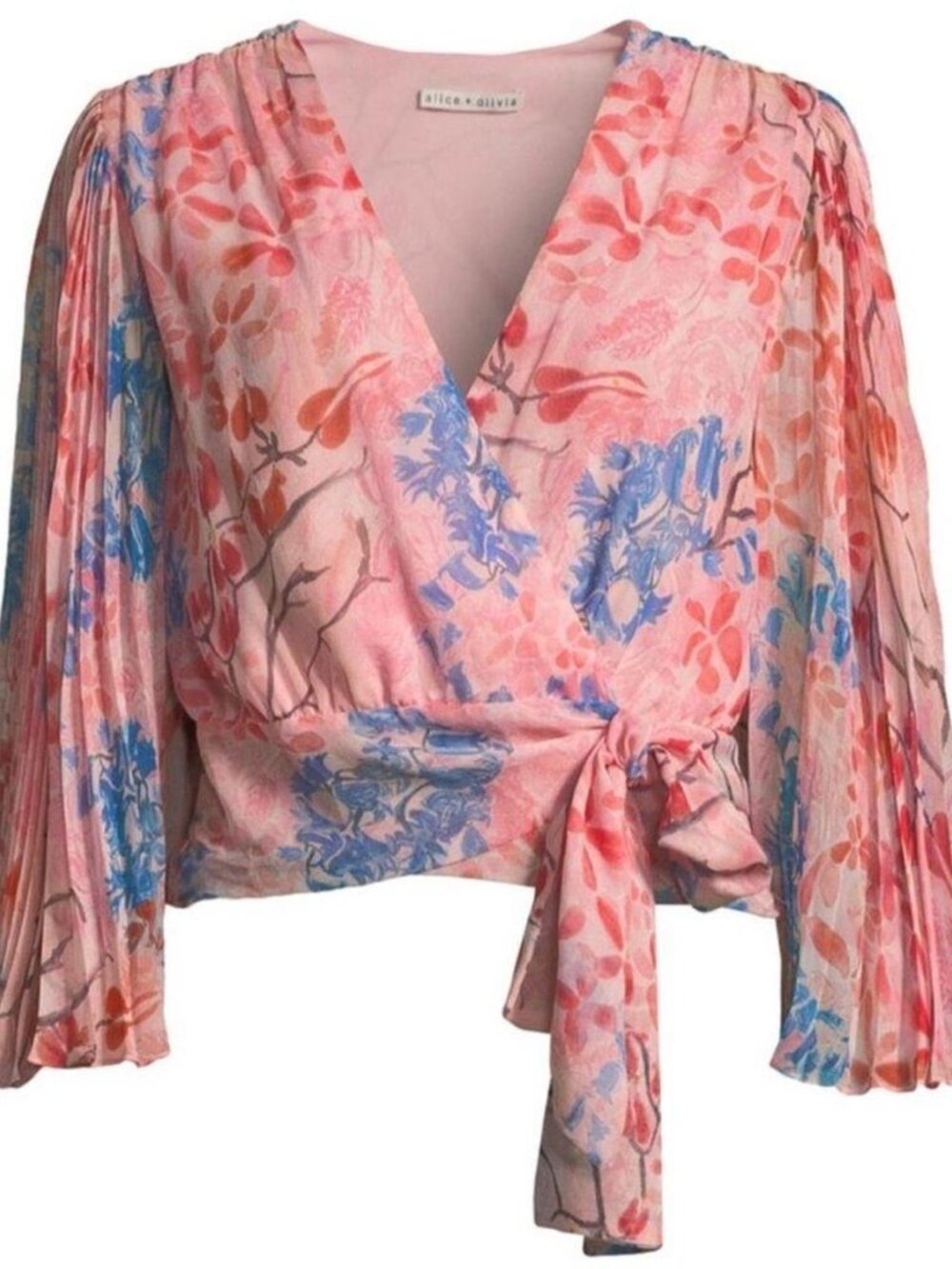 Alice and Olivia Bray Pleated-Sleeve Cropped Wrap Top